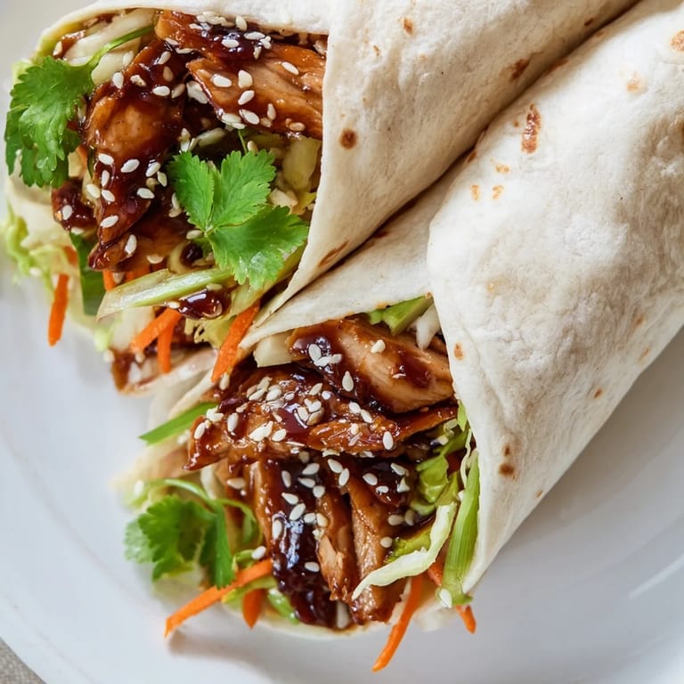 Golden-brown teriyaki chicken wrap garnished with sesame seeds and spring onions on a rustic wooden table.