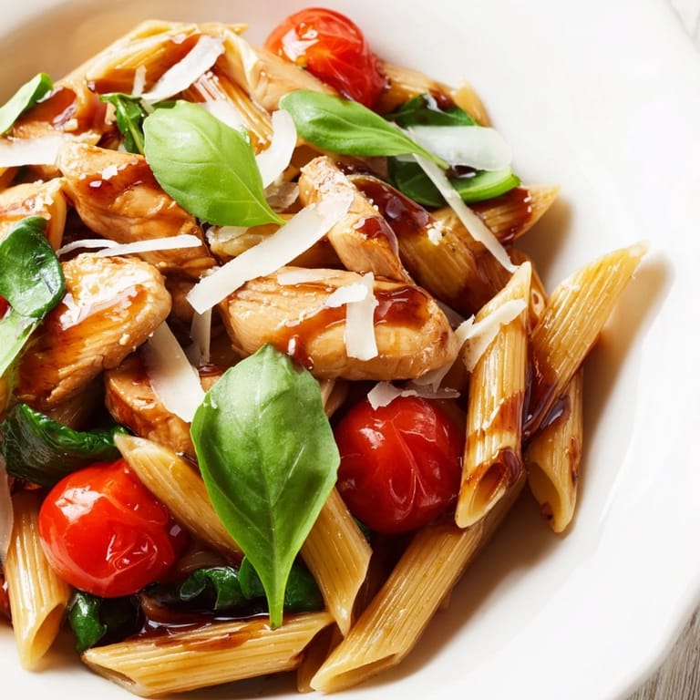 Homemade Balsamic Glazed Chicken Pasta served on a white plate, garnished with grated Parmesan and torn basil, perfect for an elegant weeknight dinner.