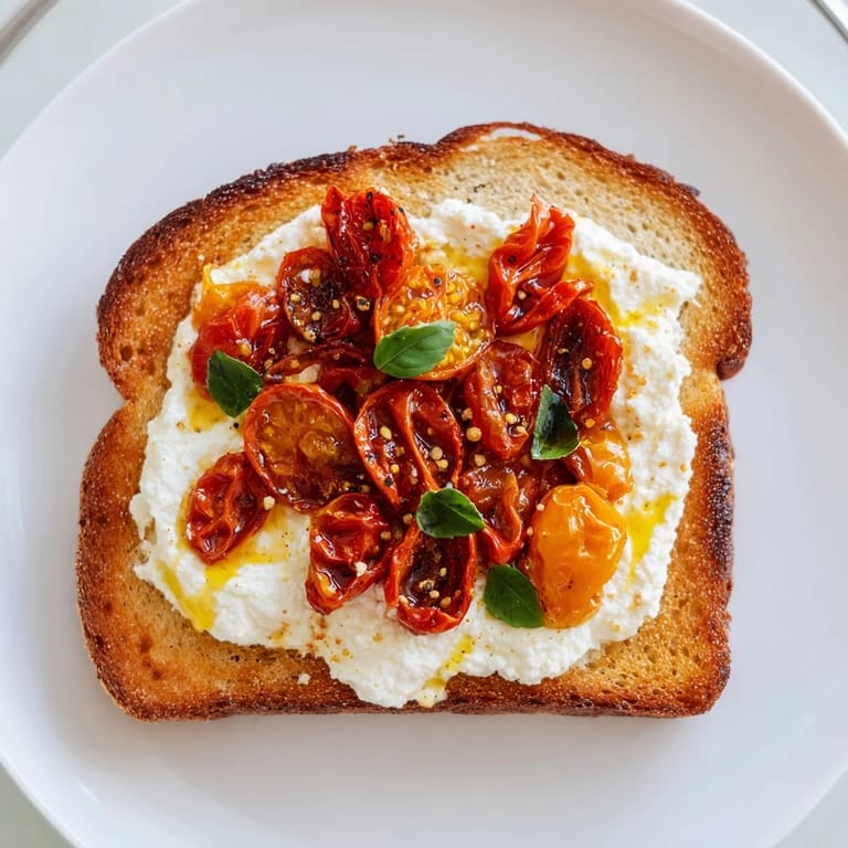 A close-up of Tomato Ricotta Toast with juicy roasted tomatoes and whipped ricotta on golden sourdough, finished with fresh basil and a drizzle of olive oil.