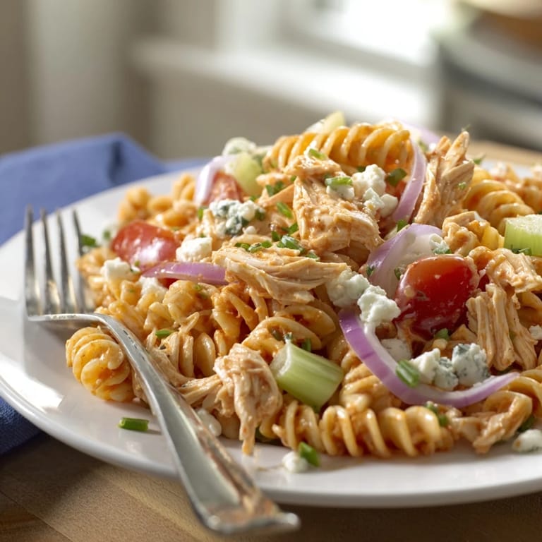 Cold Buffalo Chicken Pasta Salad garnished with blue cheese crumbles and chives, ready for a summer picnic.  