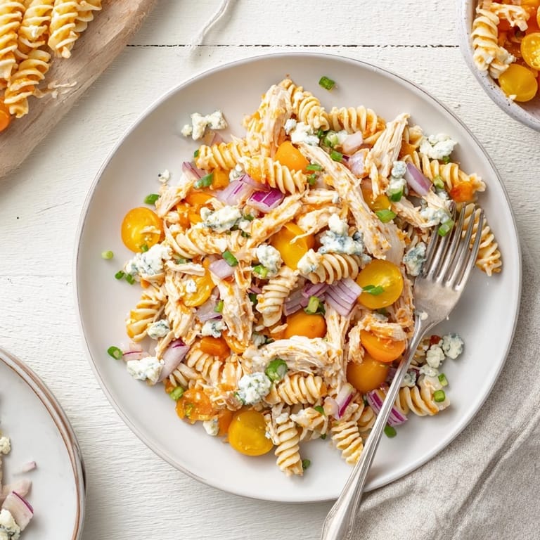A hearty serving of Buffalo Chicken Pasta Salad with tender chicken, crunchy veggies, and a zesty dressing.
