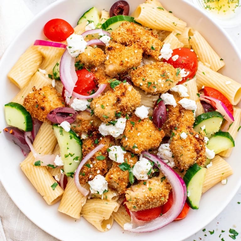 A vibrant serving of Crispy Chicken Greek Pasta combines Mediterranean vegetables, tangy Kalamata olives, and juicy chicken over warm, herb-infused pasta.