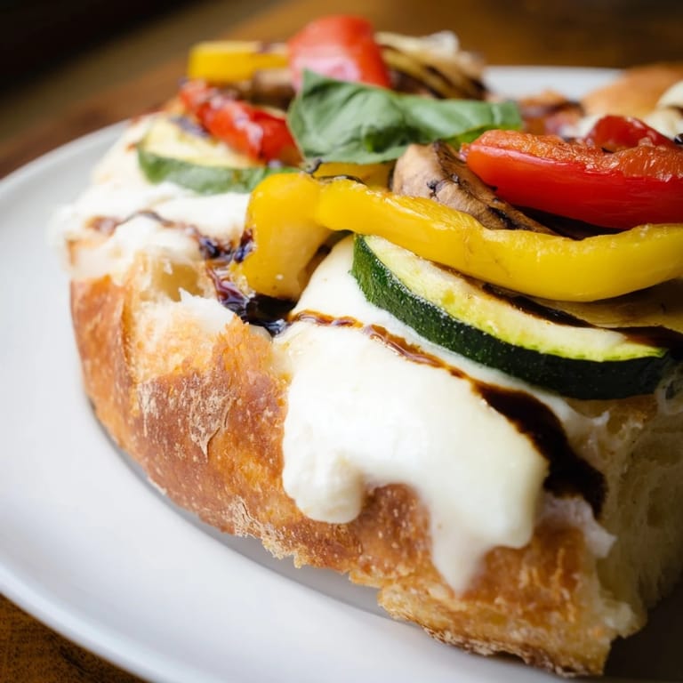A close-up of a warm Roasted Veggie Caprese Grilled Cheese sandwich, with mozzarella stretching, served beside a bowl of tomato soup.
