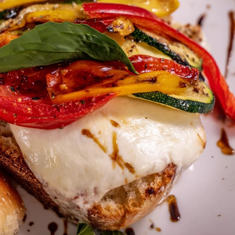 Melted cheese and roasted vegetables peek from buttery toasted bread in this vegetarian Roasted Veggie Caprese Grilled Cheese, drizzled with balsamic glaze.