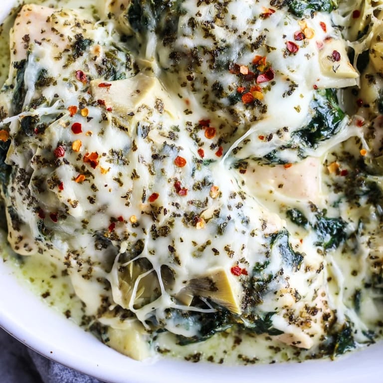 Tender baked chicken breasts topped with creamy spinach, artichoke, and melted mozzarella.  