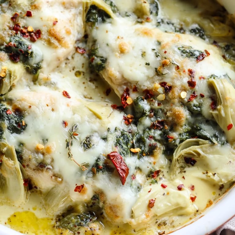 Savory spinach and artichoke chicken bake served alongside crisp green salad and rice.