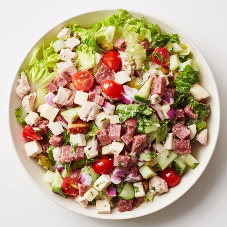 Fresh Italian Deli Chopped Chicken Salad served in a rustic bowl, ready with crusty bread for a hearty lunch.