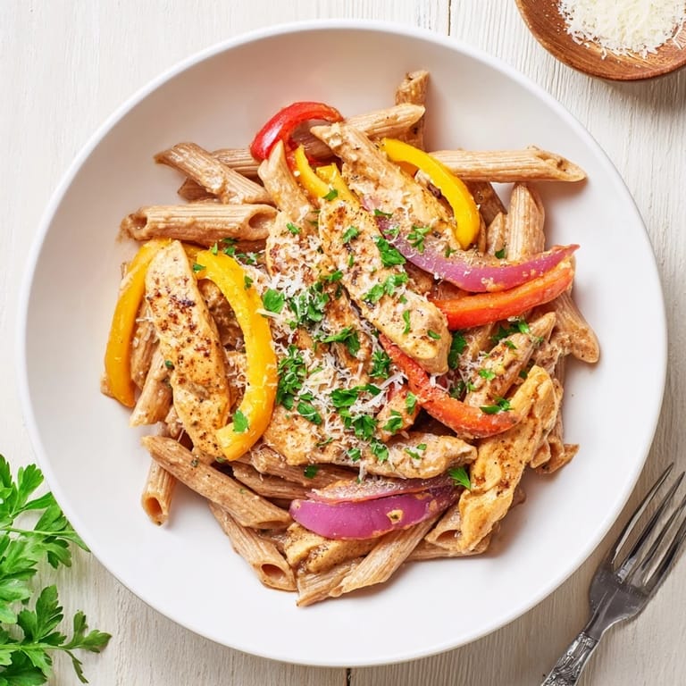 Tossed whole wheat penne and golden Cajun chicken mingle with sautéed peppers, finished with a creamy, lemon-kissed sauce and fresh parsley garnish.