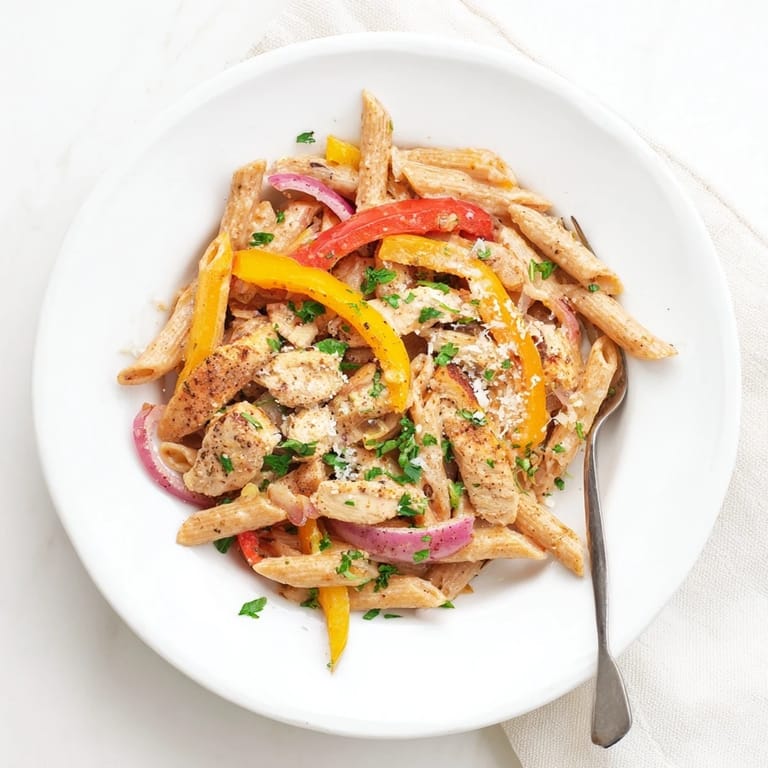 Savory penne pasta is coated in a creamy, spicy Cajun sauce with tender chicken and colorful bell peppers, served warm with a sprinkle of Parmesan.