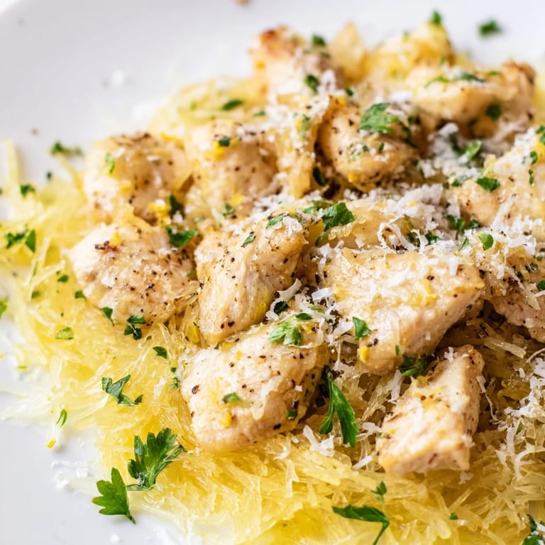 A vibrant serving of lemon garlic chicken over roasted spaghetti squash, garnished with parsley and lemon wedges for a bright, savory finish.