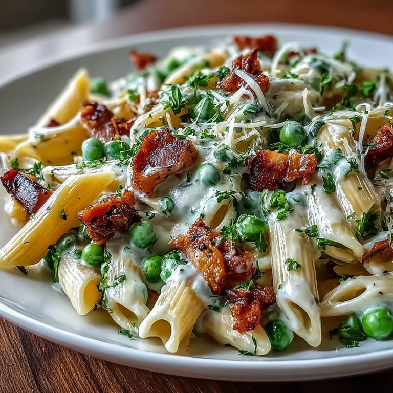 Spring Pea & Ham Pasta tossed in a creamy Parmesan sauce, garnished with fresh parsley for a vibrant touch.
