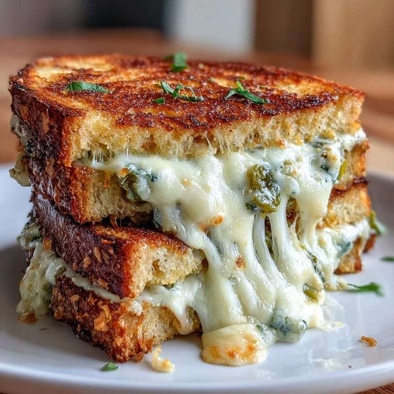 A close-up of Jalapeño Pepper Jack Grilled Cheese sandwich on sourdough, showing gooey melted pepper jack.  