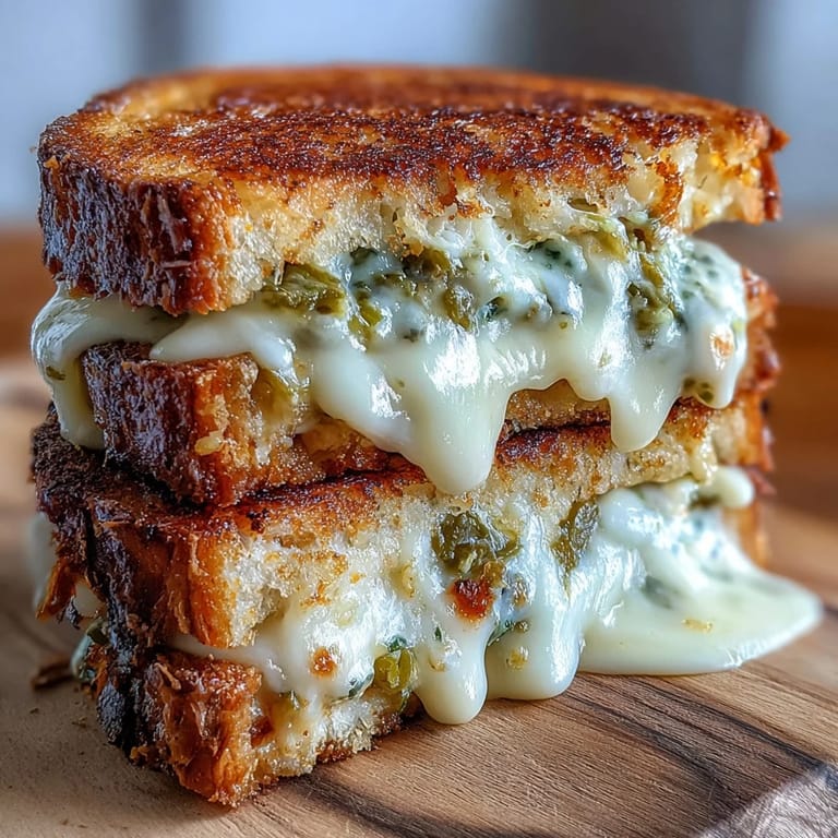 Two slices of Jalapeño Pepper Jack Grilled Cheese cut diagonally, revealing spicy pickled jalapeños and creamy cheese.