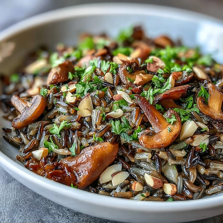 Golden wild rice and mushroom pilaf, perfect as a warm side dish or vegetarian main.