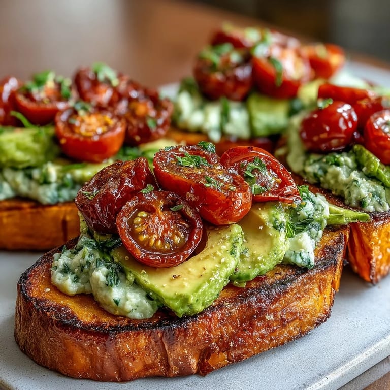 Savory roasted sweet potato toast with hummus and feta, perfect for a light lunch.
