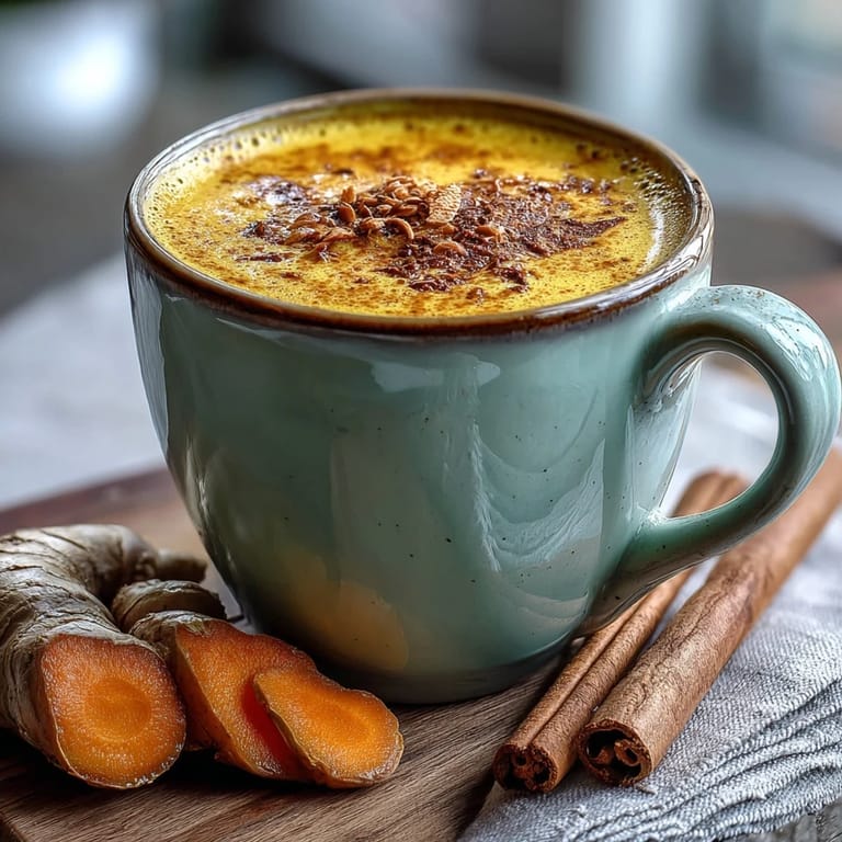 Steaming mug of Turmeric and Ginger Golden Milk beside whole spices and honey, showcasing a cozy wellness drink.