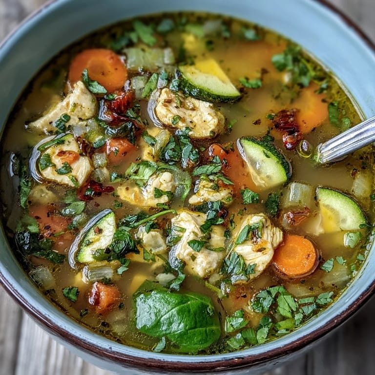 A golden bowl of turmeric chicken soup topped with cilantro, with a side of crusty bread nearby.