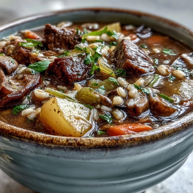 Spoon dipping into steaming Vegetable Beef, Barley, and Mushroom Soup topped with fresh parsley, served with crusty bread on the side.