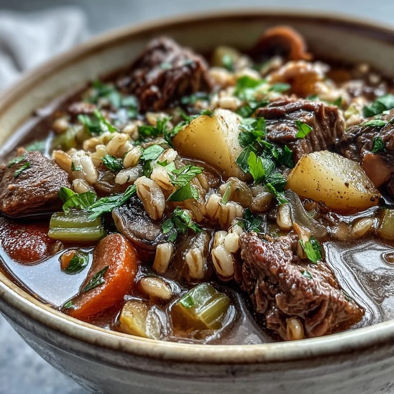 Rustic Dutch oven filled with simmering Vegetable Beef, Barley, and Mushroom Soup, featuring earthy mushrooms and golden barley in a thick gravy.