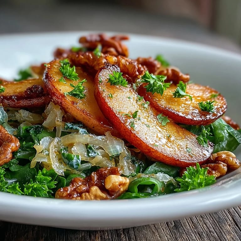 Warm Apple and Sauerkraut Skillet Salad served beside roasted sausages for a hearty autumn meal.