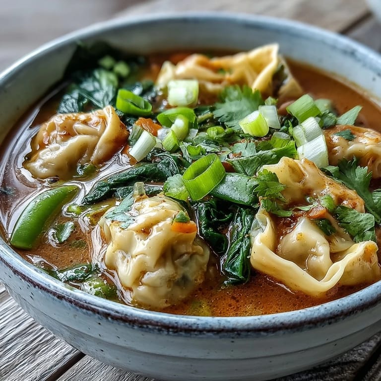 Tender wontons and crisp snow peas swim in a creamy, aromatic Red Curry Wonton Soup With Greens topped with cilantro.