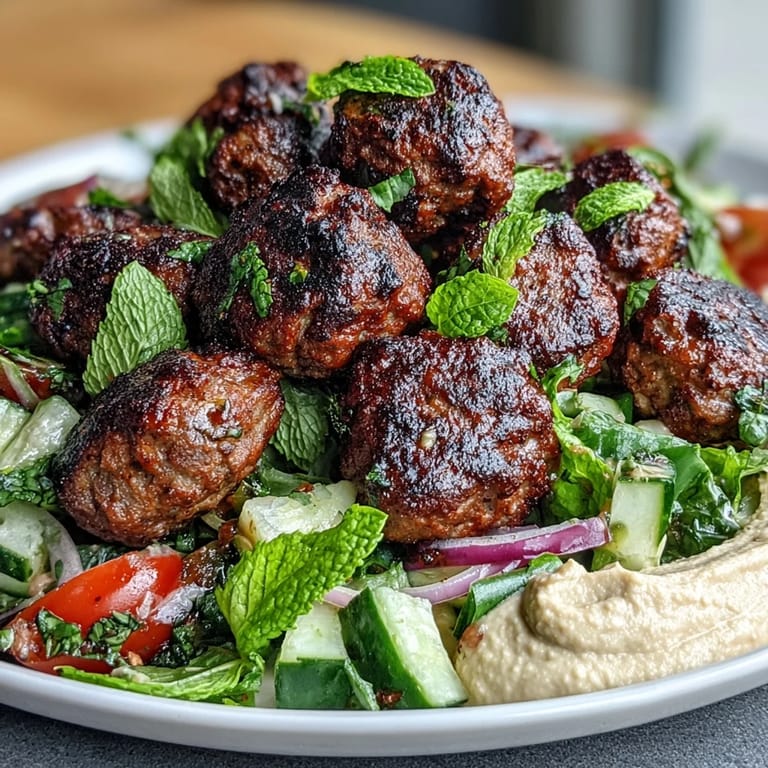 Fork-ready venison meatballs paired with spiced salad and hummus offer a balanced Mediterranean fusion meal for dinner.