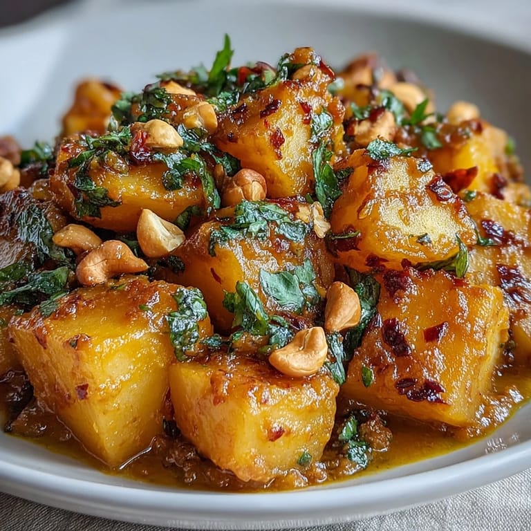 Vibrant vegetarian Curried Celeriac dish featuring nutty roasted root vegetable chunks, sprinkled with fresh cilantro and peanuts, perfect for a cozy dinner.