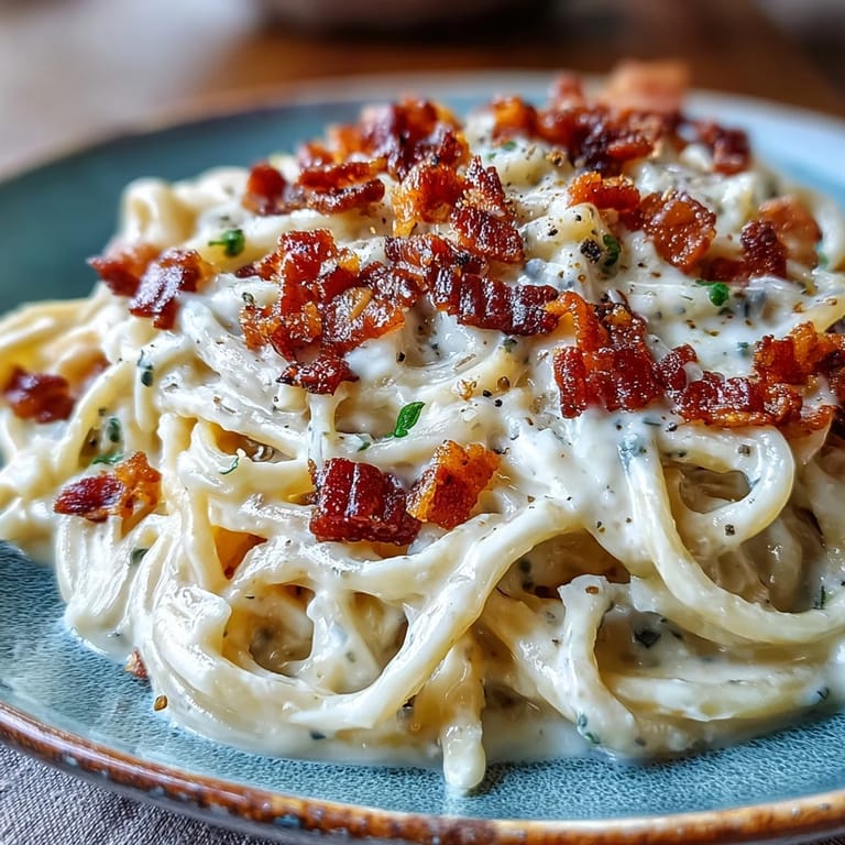 A skillet of low-carb Celeriac Carbonara with ribbons of pasta and rich egg sauce.
