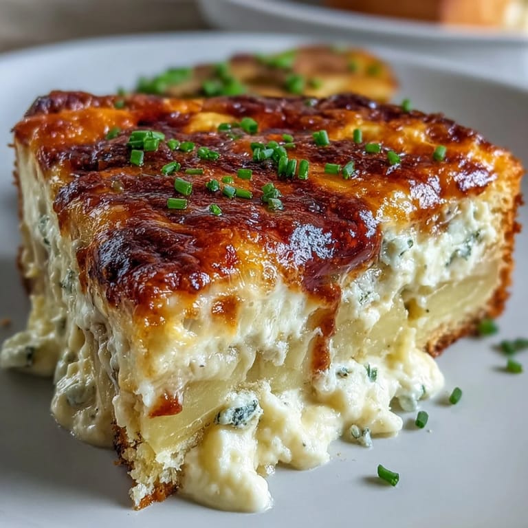 Slice of hearty Cheese and Potato Pie served on a plate next to a crisp green salad.