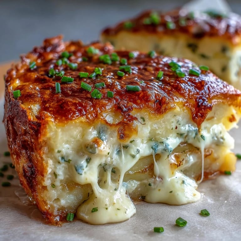 Freshly baked Cheese and Potato Pie with golden crust, chopped chives, and bubbling cheese topping.