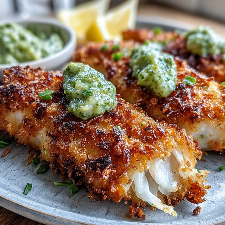 A close-up shows crisp haddock goujons coated in golden Parmesan and panko, paired with a vivid green pea pesto dip.
