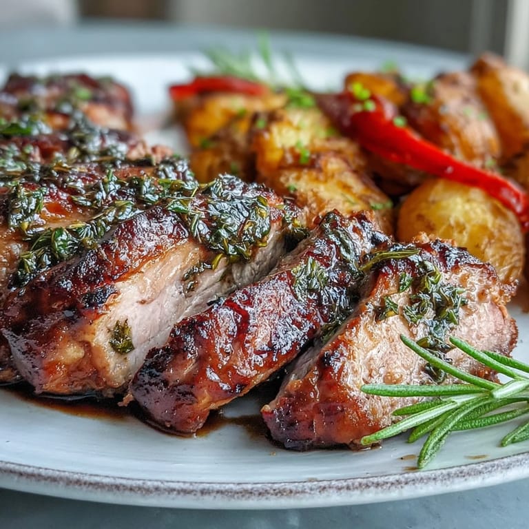 Succulent Marinated Ibérico Pork Fillet plated with roasted potatoes and sweet peppers, ready for a special dinner.