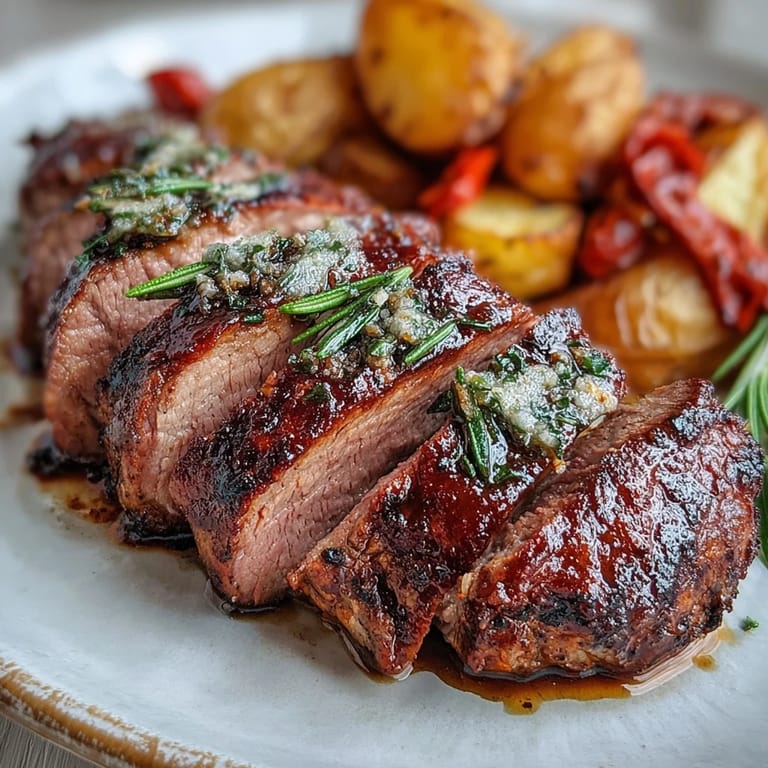 Sliced Marinated Ibérico Pork Fillet revealing juicy interior, paired with charred red peppers and thyme-scented potatoes.