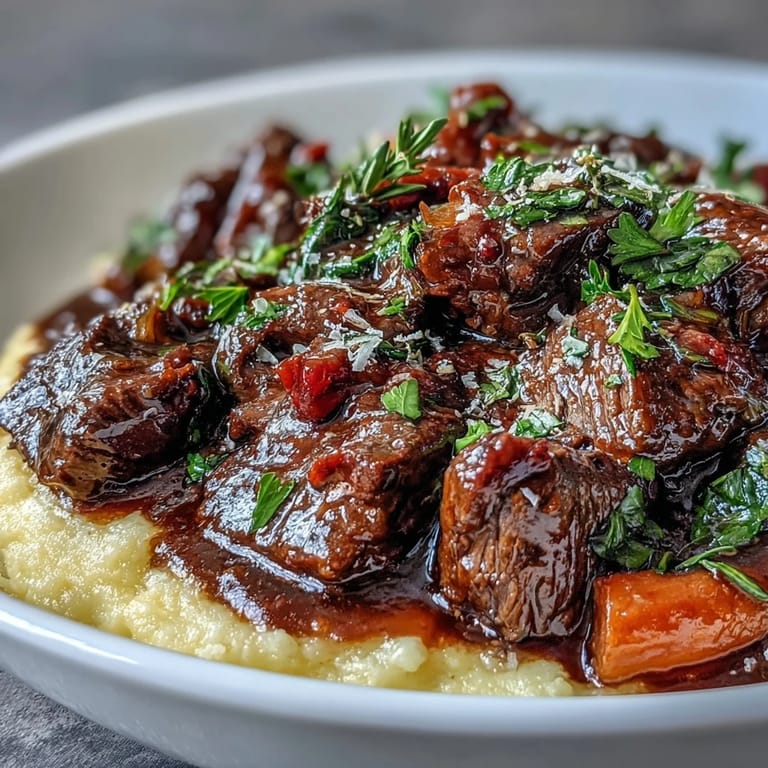 Hearty Venison Stew with Sloe Gin and Polenta steams in a cozy kitchen, perfect for a comforting winter dinner.