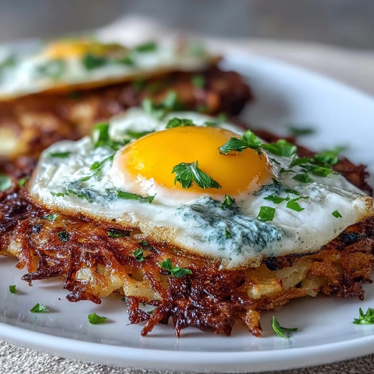 A close-up of a delicious Celeriac Rösti with a runny fried egg, creamy harissa yogurt, and lemon wedges, ideal for a gluten-free meal.