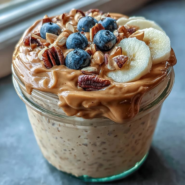 Morning sunlight hits a jar of High-Protein Peanut Butter Overnight Oats with peanut butter swirl and rolled oats texture.