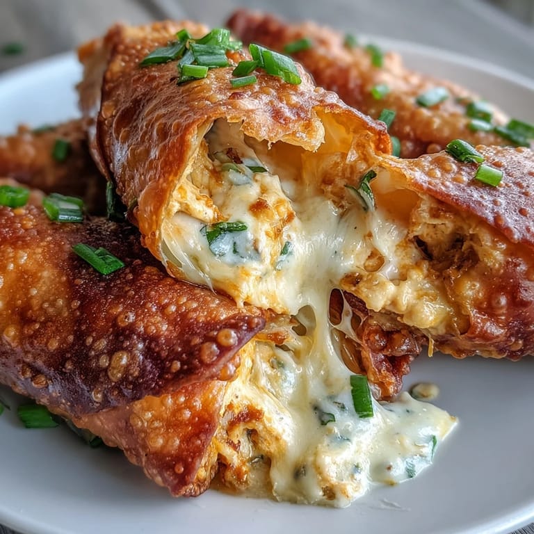 Twelve crunchy Buffalo Chicken Dip Egg Rolls garnished with green onions, resting on a platter with dipping sauces.