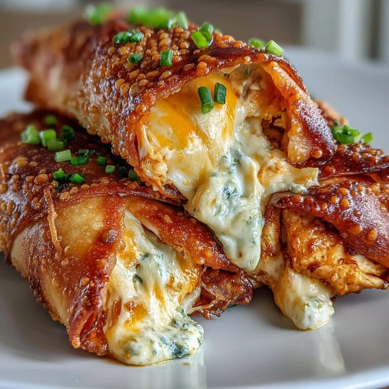 Freshly air fried Buffalo Chicken Dip Egg Rolls split open to reveal creamy, spicy chicken and melted cheddar filling.