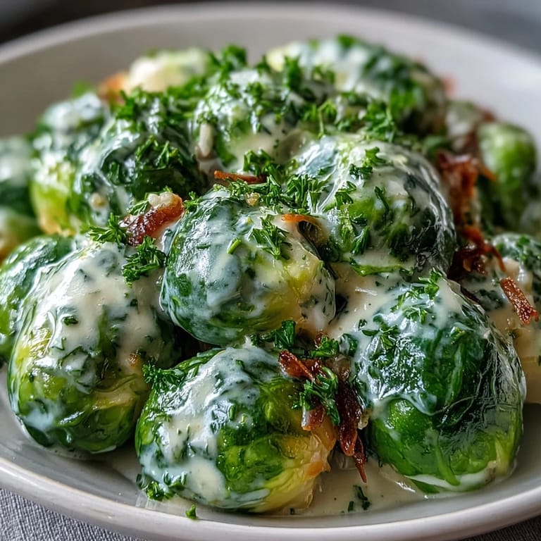 Tender Brussels sprouts simmered in a rich Dijon mustard and cream cheese sauce, steaming hot in a skillet.