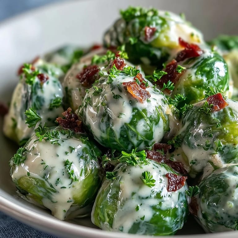Golden Brussels sprouts tossed in velvety cream cheese-mustard sauce with aromatics, plated for a vegetarian dinner side.