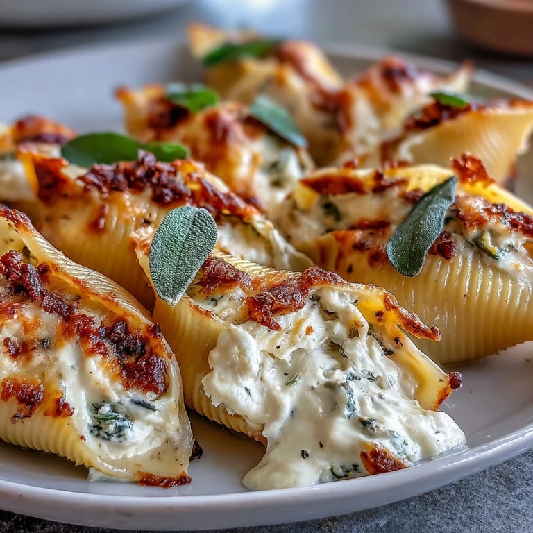 Close-up of creamy Pumpkin & Gouda Stuffed Shells in rich brown butter Alfredo sauce, steaming on a plate.