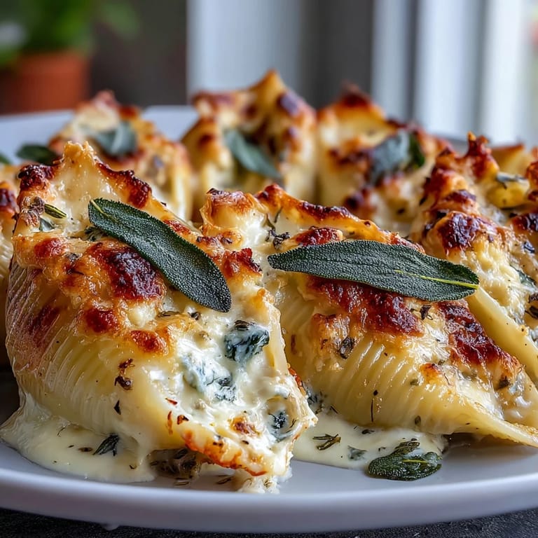 Freshly baked Pumpkin & Gouda Stuffed Shells served hot, garnished with sage and ready for a cozy dinner.