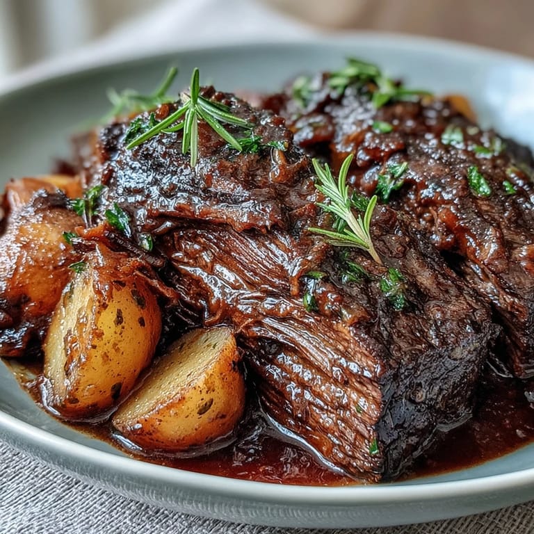 Hearty beef pot roast with steam rising, plated alongside roasted carrots, celery, and baby potatoes in a rustic kitchen.