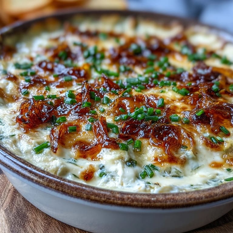 Warm Smoked Gouda & Onion Dip features a golden-brown crust and chopped chives, perfect for a cozy party appetizer spread.
