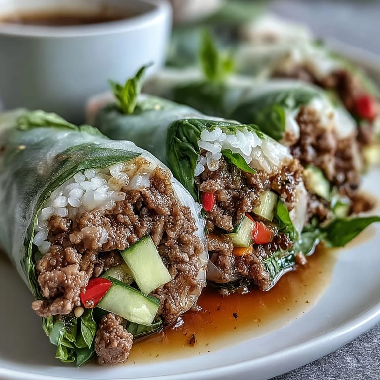 Close-up of one sliced Thai Basil Beef Roll, revealing the savory beef, fresh Thai basil, and colorful vegetables wrapped in soft rice paper.
