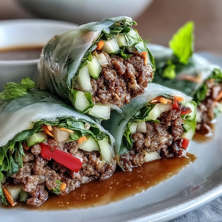 Overhead view of a platter of fresh Thai Basil Beef Rolls, garnished with extra herbs and a side of spicy dipping sauce for lunch.