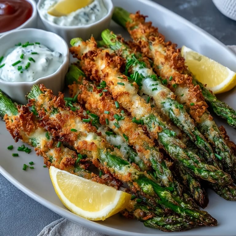 Golden-brown Crispy Asparagus Asiago Spears arranged on a plate, showcasing a crunchy panko coating and tender green asparagus spears inside.