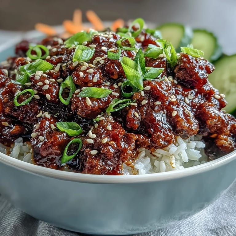Close-up of a Korean Ground Beef Bowl showing savory beef, crunchy vegetables, and tangy kimchi ready to be enjoyed.
