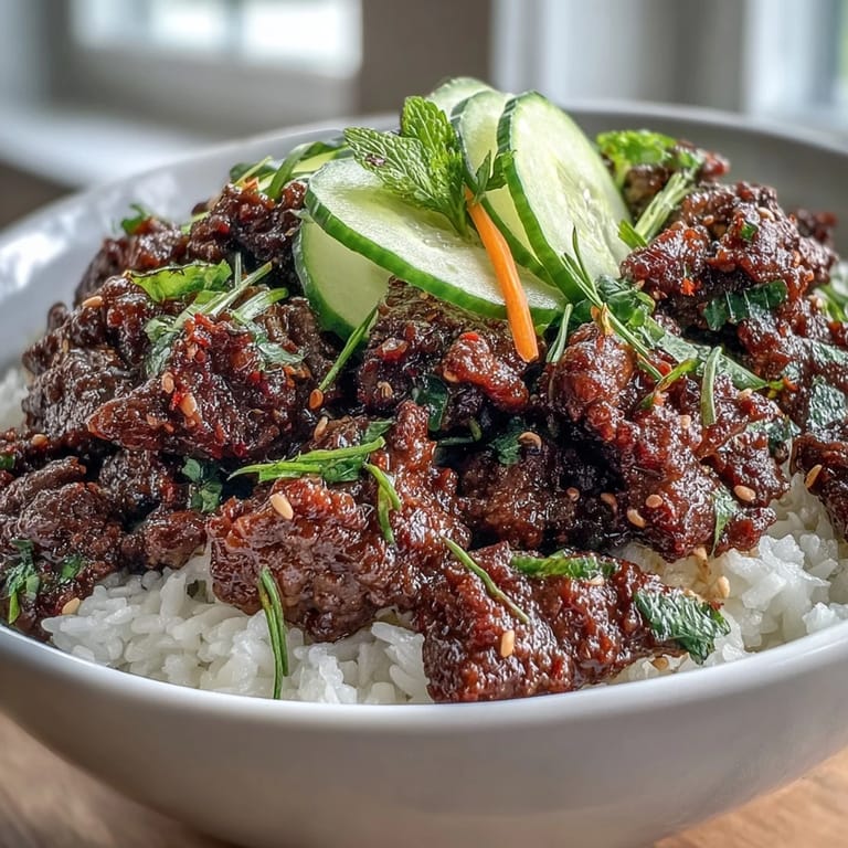 Savory Easy Korean Beef Bowl served over fluffy white rice, topped with sesame seeds, green onions, and colorful carrots.
