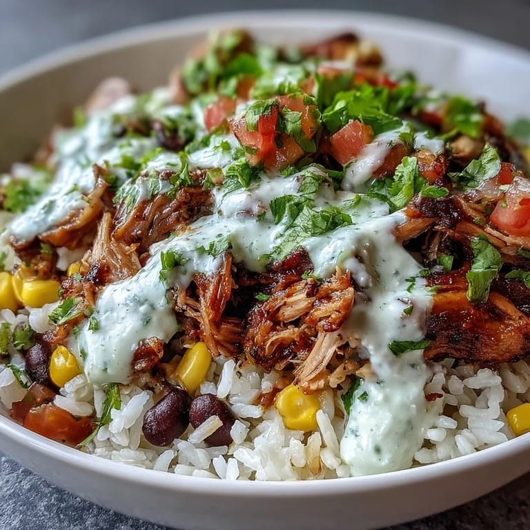 A vibrant bowl of Carnitas Burrito Bowl with sweet corn, chopped cilantro, and a drizzle of tangy lime crema.
